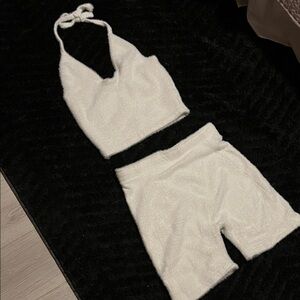 Gymshark Whitney Eyelash Knit White Bike Shorts Set -m